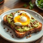 Avocado toast with egg and pumpkin seeds breakfast