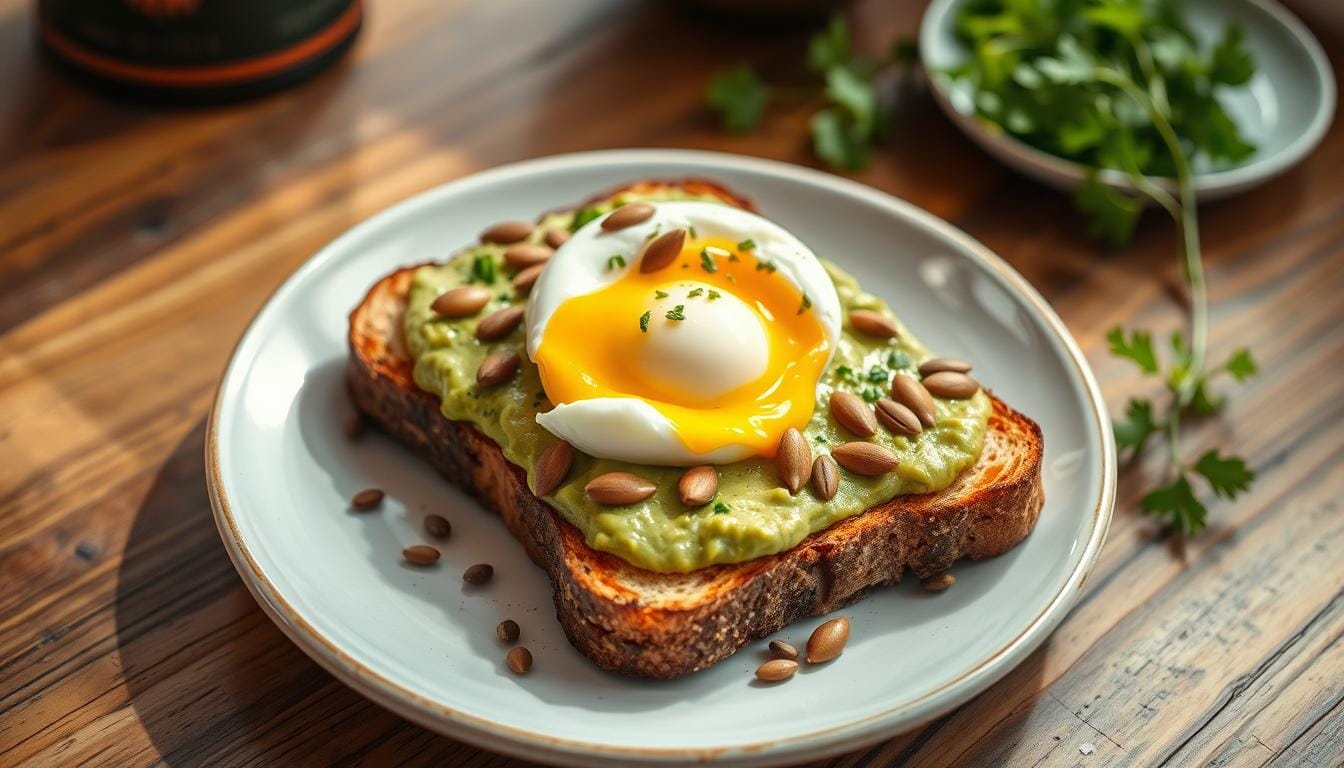 Avocado toast with egg and pumpkin seeds breakfast