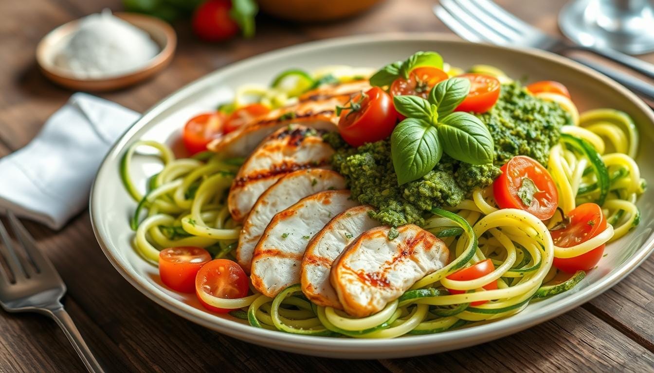 Zucchini Noodles with Pesto & Grilled Chicken Recipe